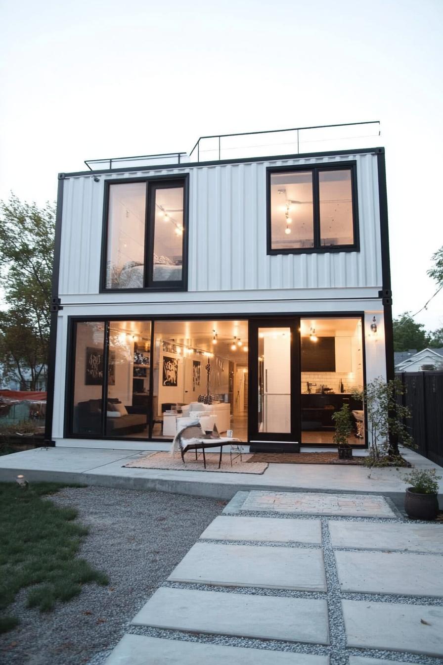 modern white shipping container house with black trim 3