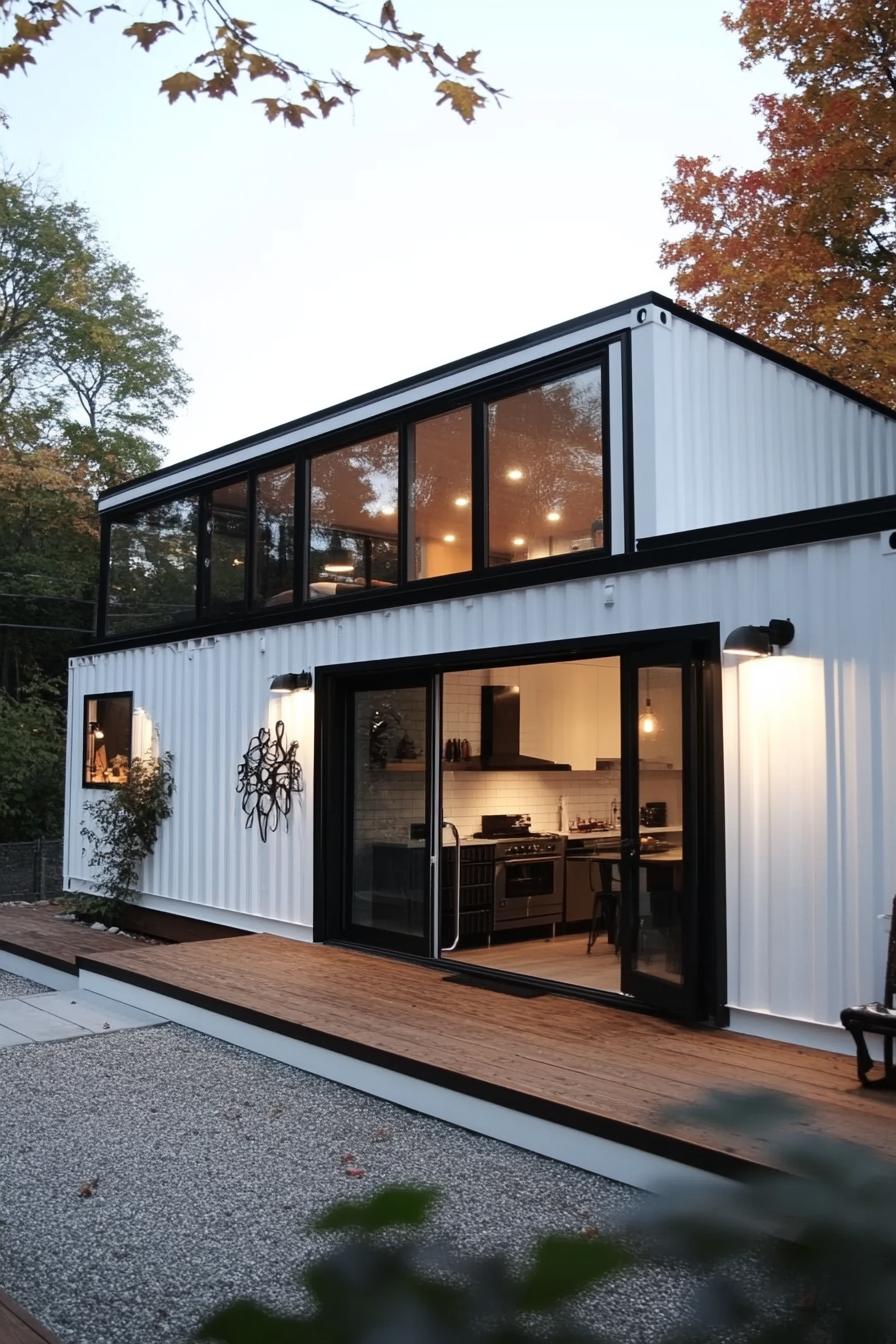 modern white shipping container house with black trim