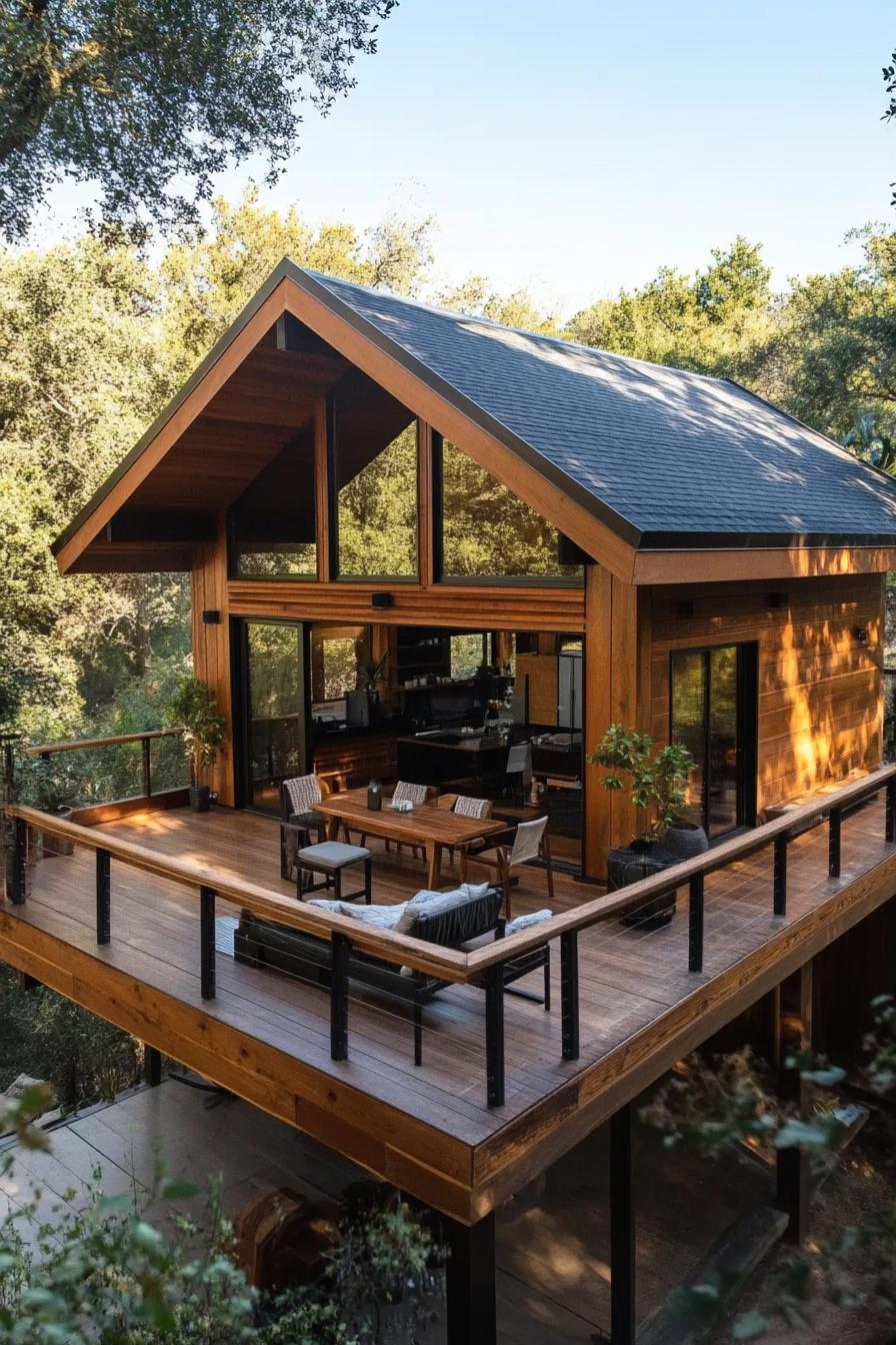 modern wooden house with gable roof built on a high deck the deck has wooden railings and patio furniture it is surrounded by tree tops