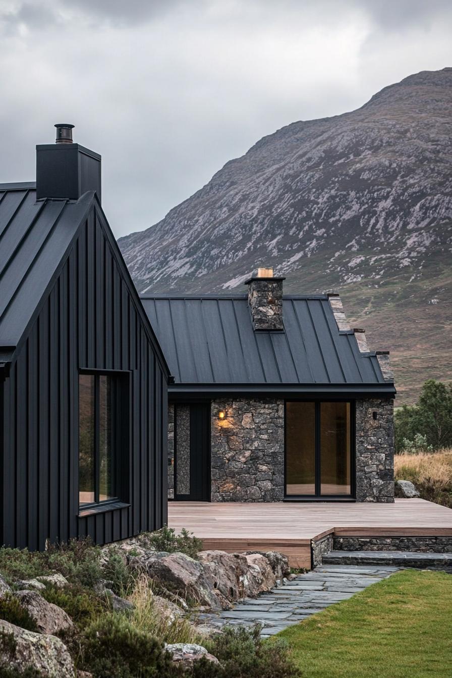 mountain house with full dark stone front and floor to ceiling entrance window door combo other parts of the facade in black siding black metal 1