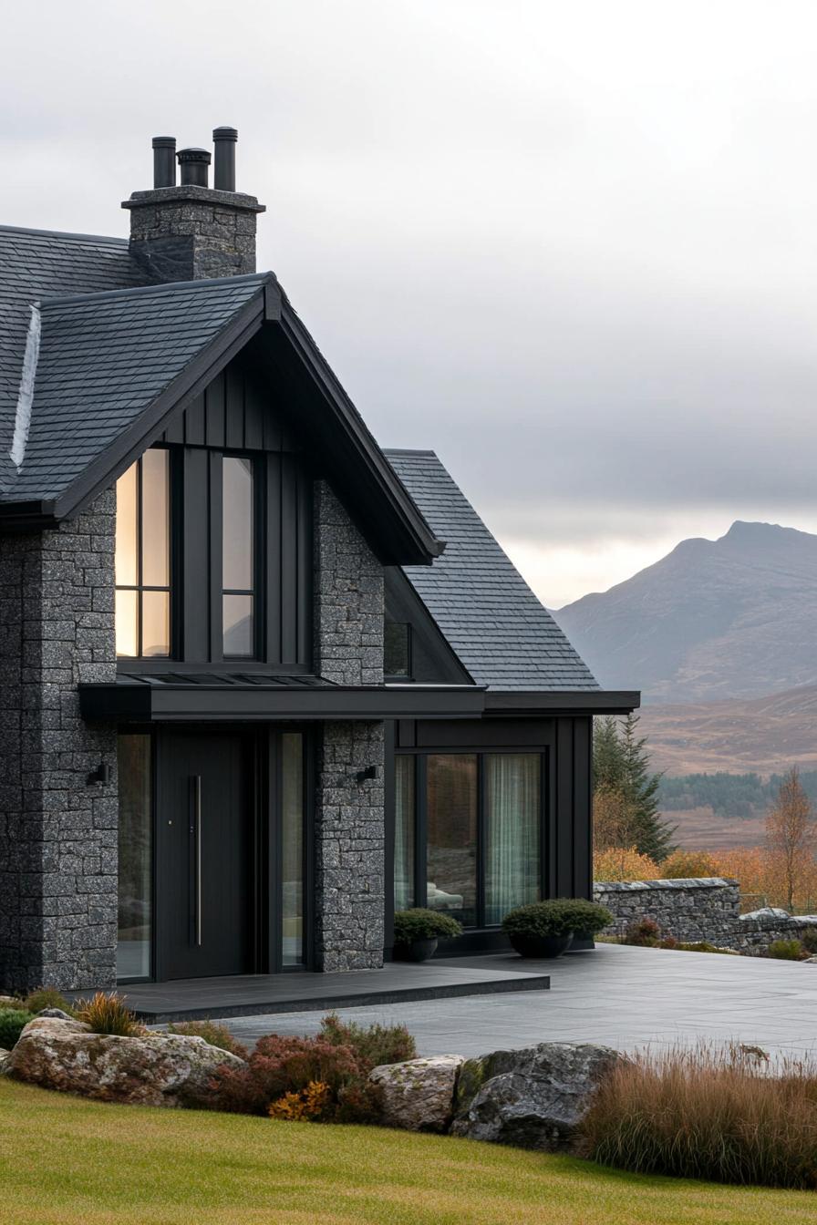 mountain house with full dark stone front and floor to ceiling entrance window door combo other parts of the facade in black siding black metal 2