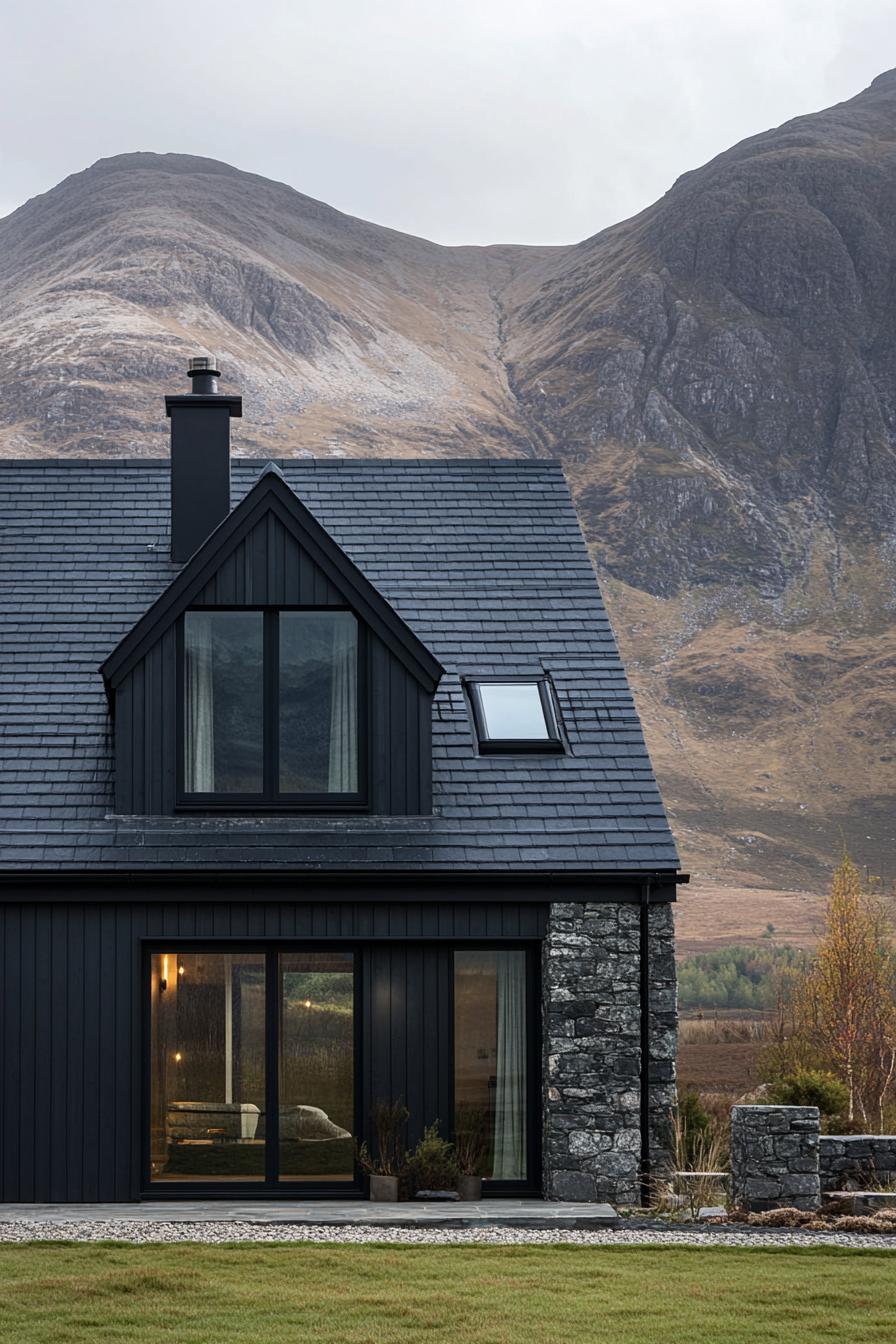 mountain house with full dark stone front and floor to ceiling entrance window door combo other parts of the facade in black siding black metal 3