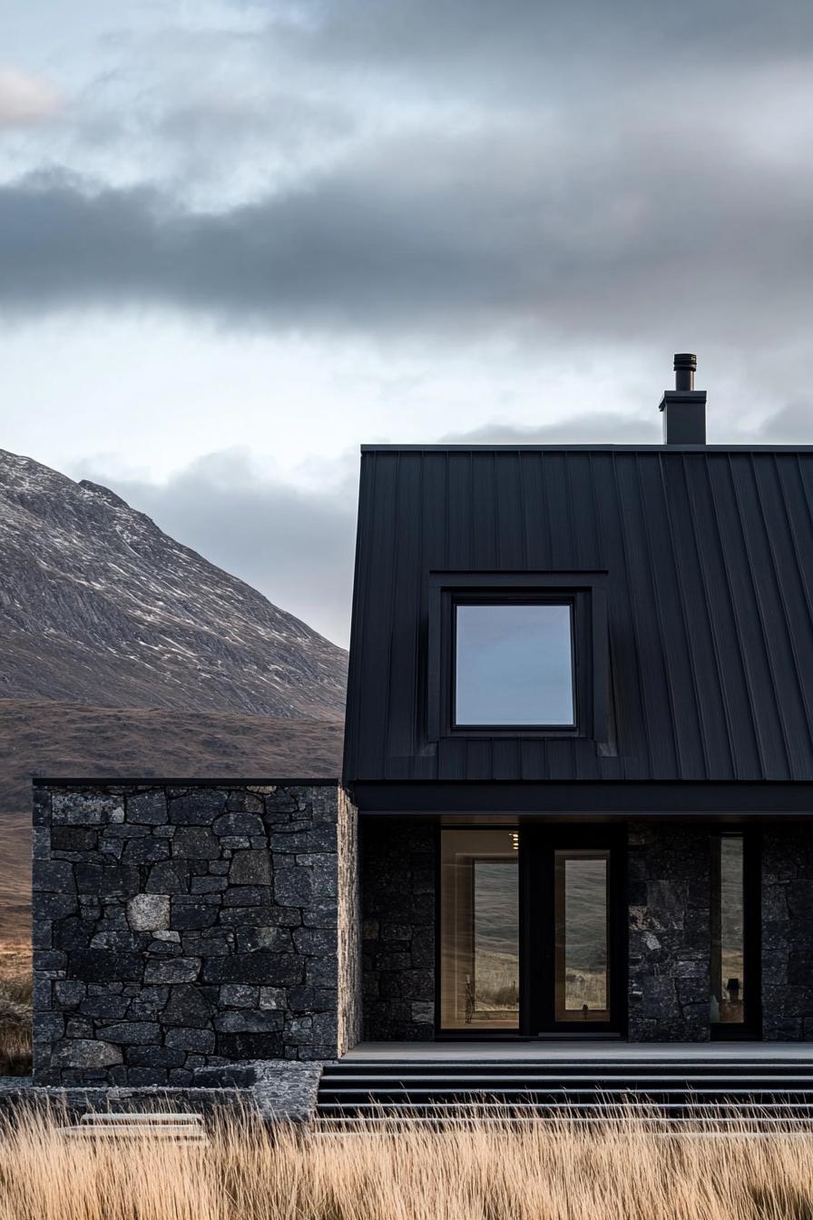 mountain house with full dark stone front and floor to ceiling entrance window door combo other parts of the facade in black siding black metal