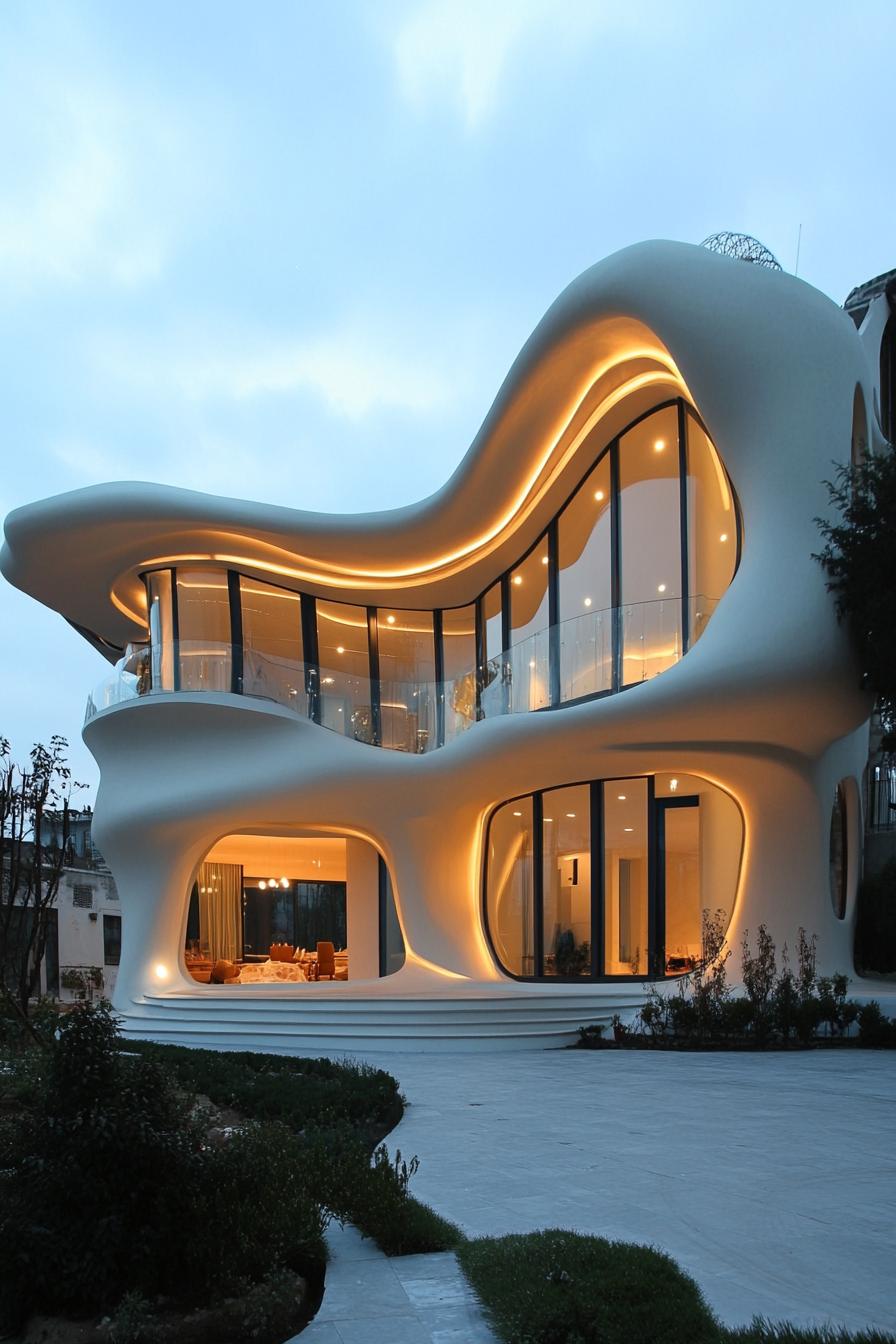 organic architecture house with smooth flower shaped facade with LED lighting