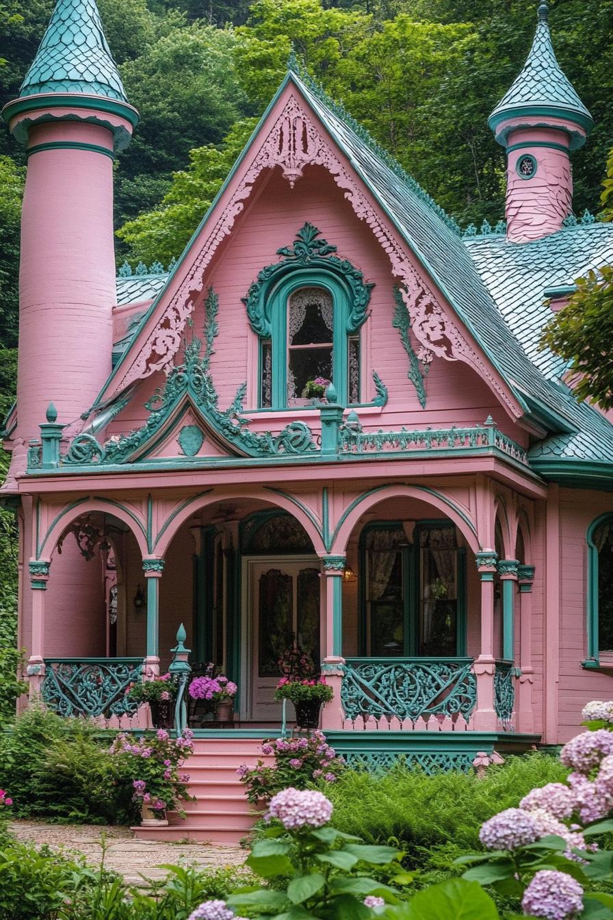 pink fairytale house with ornate teal detailing and roof chimney and turrets porch with ornate columns steps front garden with hydrangeas lush 1