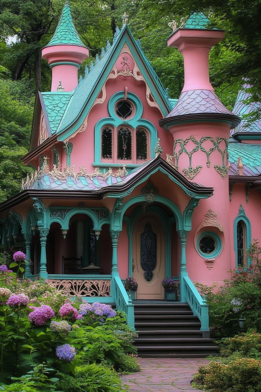 pink fairytale house with ornate teal detailing and roof chimney and turrets porch with ornate columns steps front garden with hydrangeas lush 2