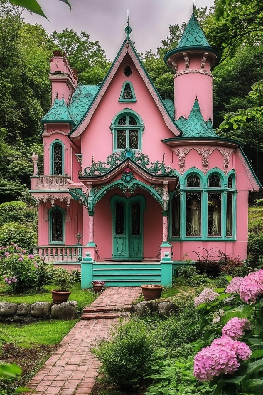 pink fairytale house with ornate teal detailing and roof chimney and turrets porch with ornate columns steps front garden with hydrangeas lush 3