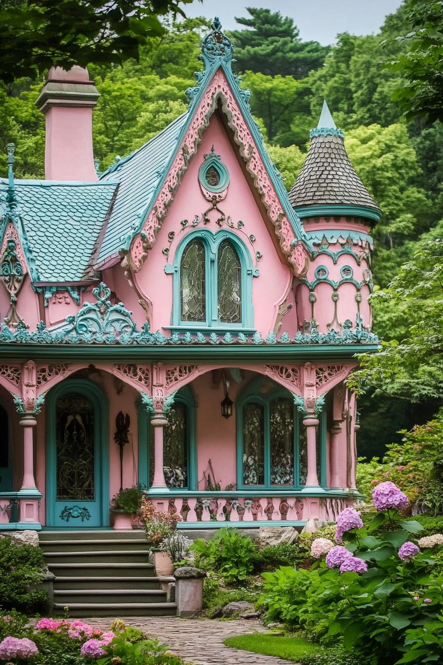 pink fairytale house with ornate teal detailing and roof chimney and turrets porch with ornate columns steps front garden with hydrangeas lush