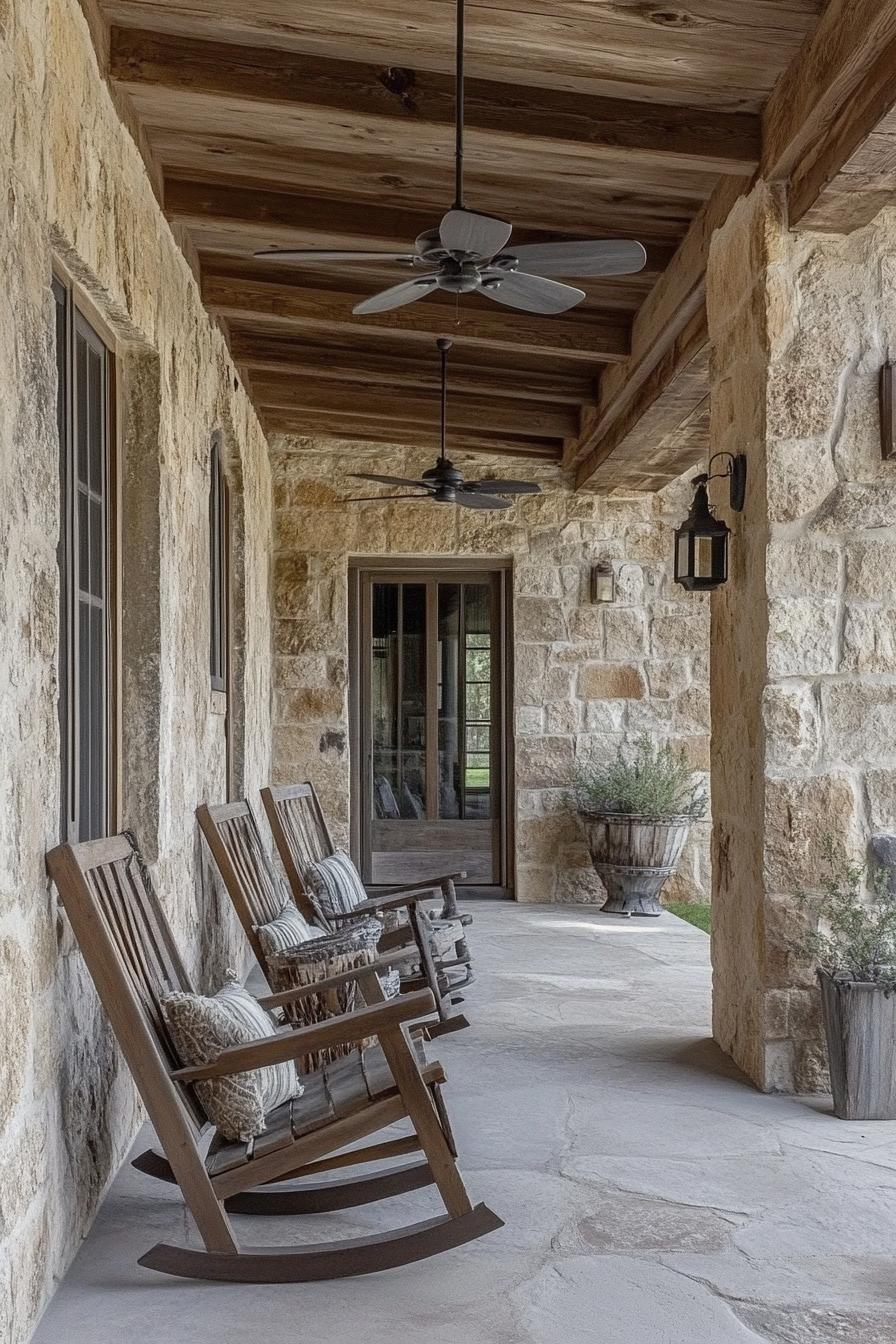 ranch house rustic porch stone wall ceiling fan wooden chairs 1