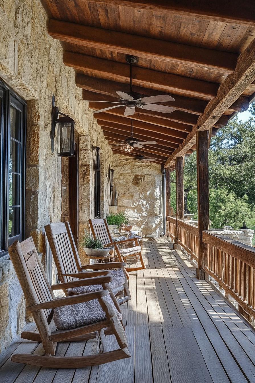 ranch house rustic porch stone wall ceiling fan wooden chairs