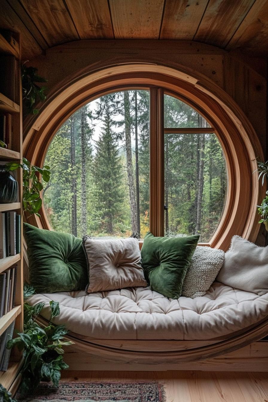 Round window with cozy seating area and lush forest view