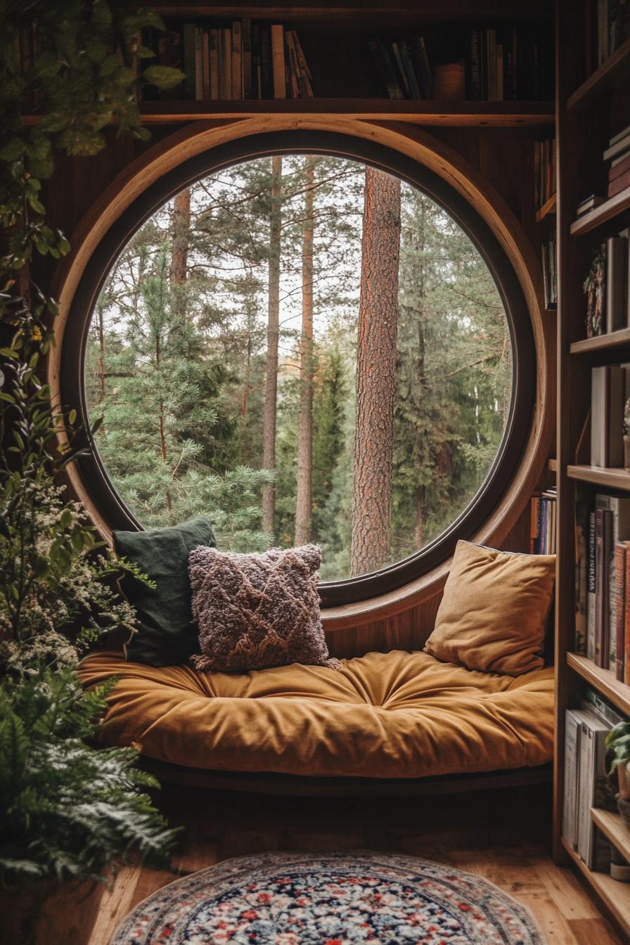 Round window seat with forest view and cozy cushions