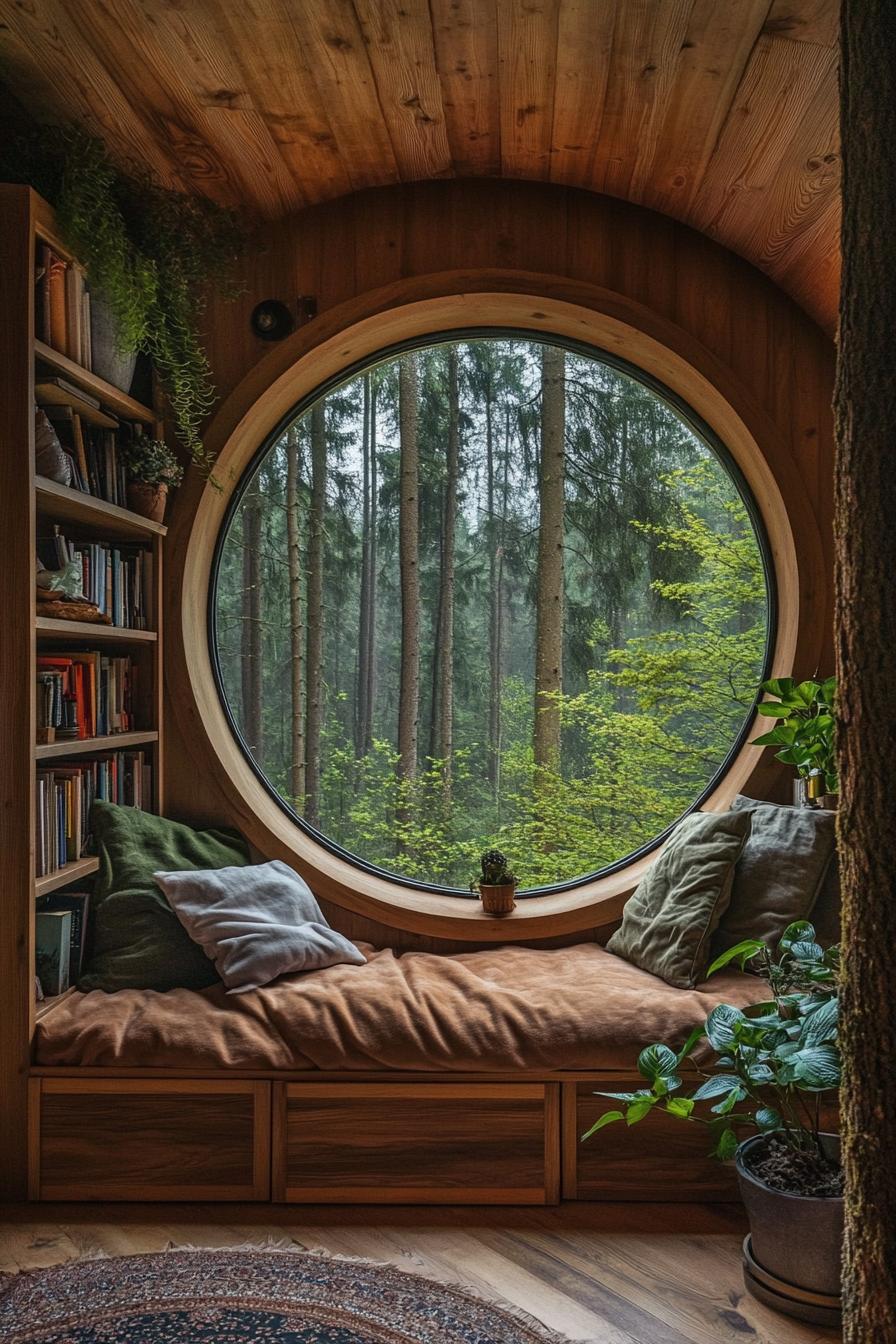 A circular window nook overlooks a lush forest, surrounded by books and plants