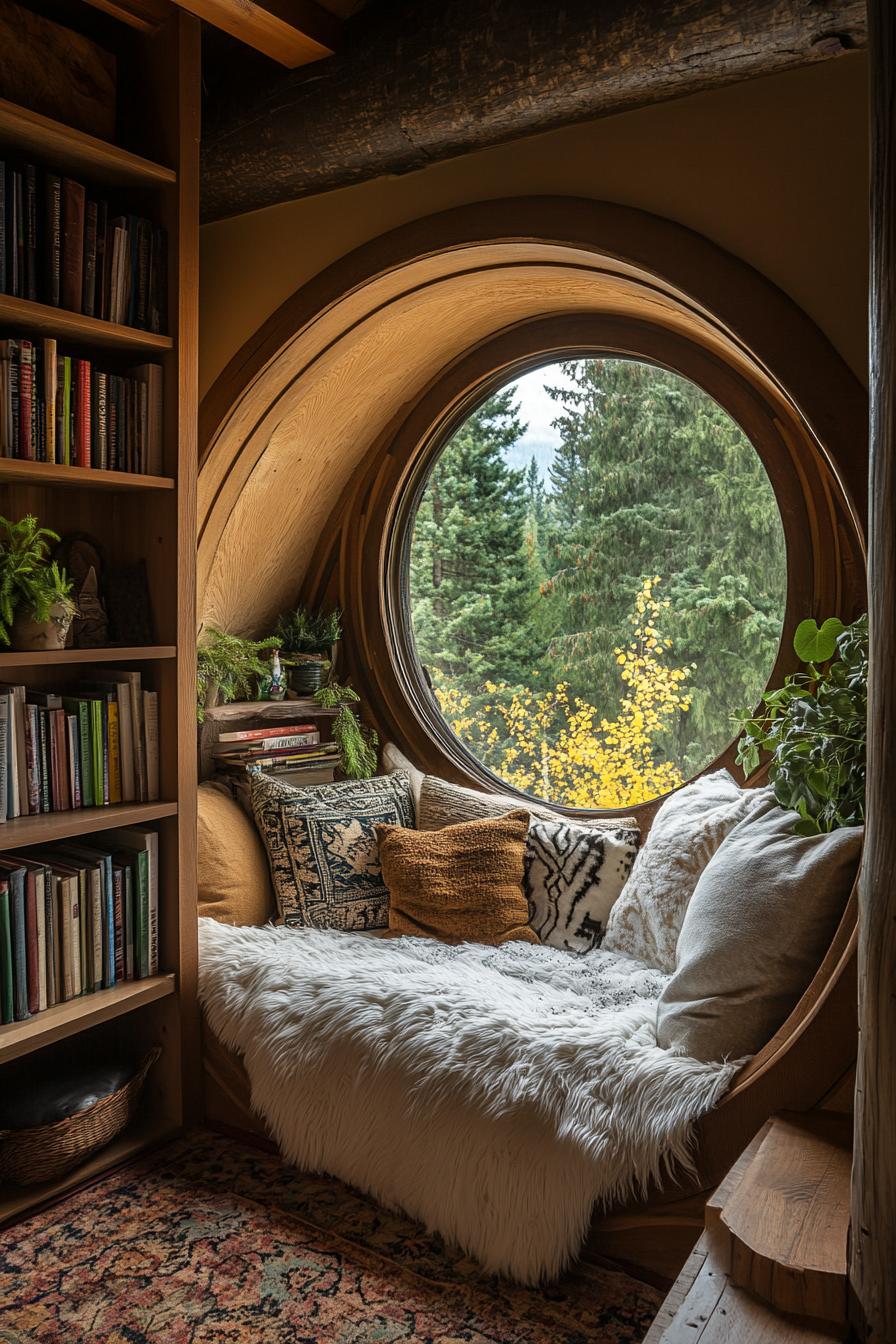 Circular window nook with plush cushions and a forest view