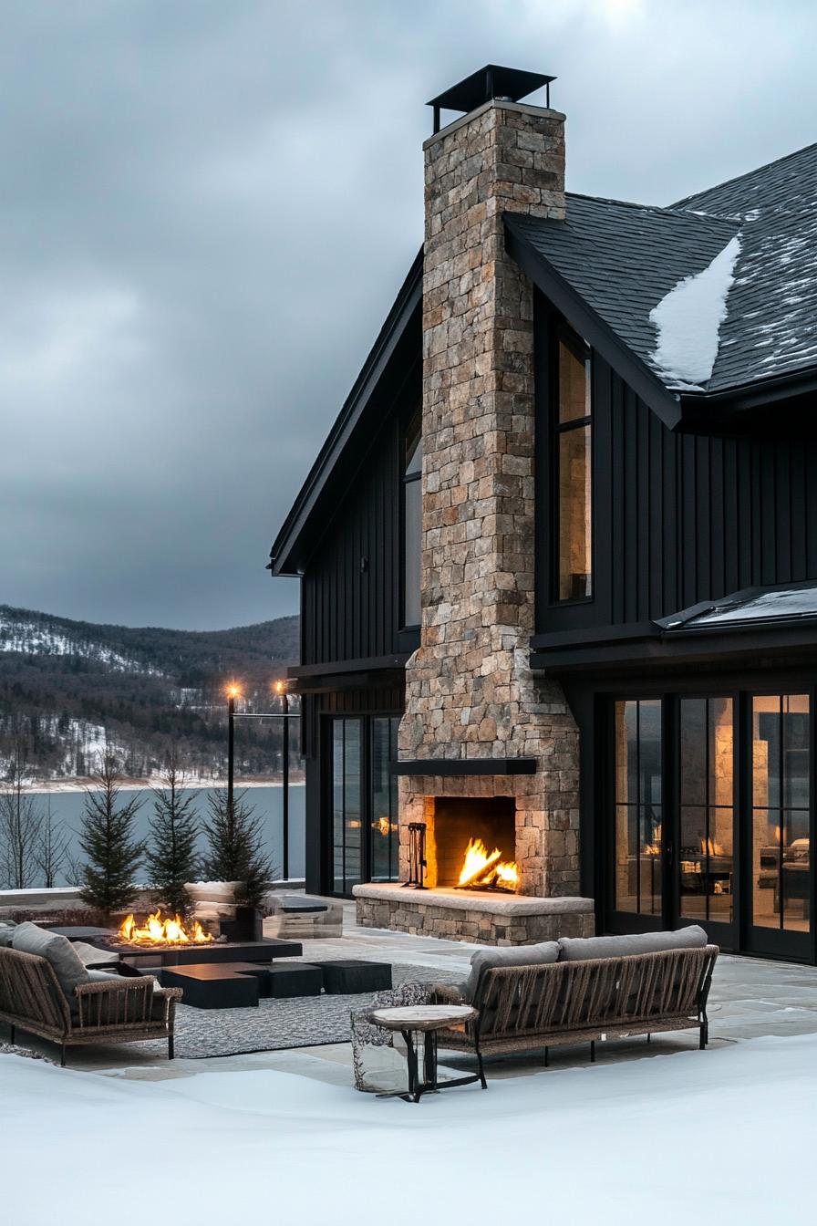 rustic modern lake house facade with outdoor stone fireplace winter mountain lake 1