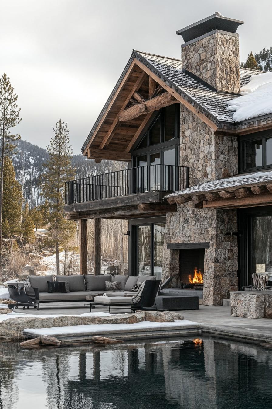 rustic modern lake house facade with outdoor stone fireplace winter mountain lake 2