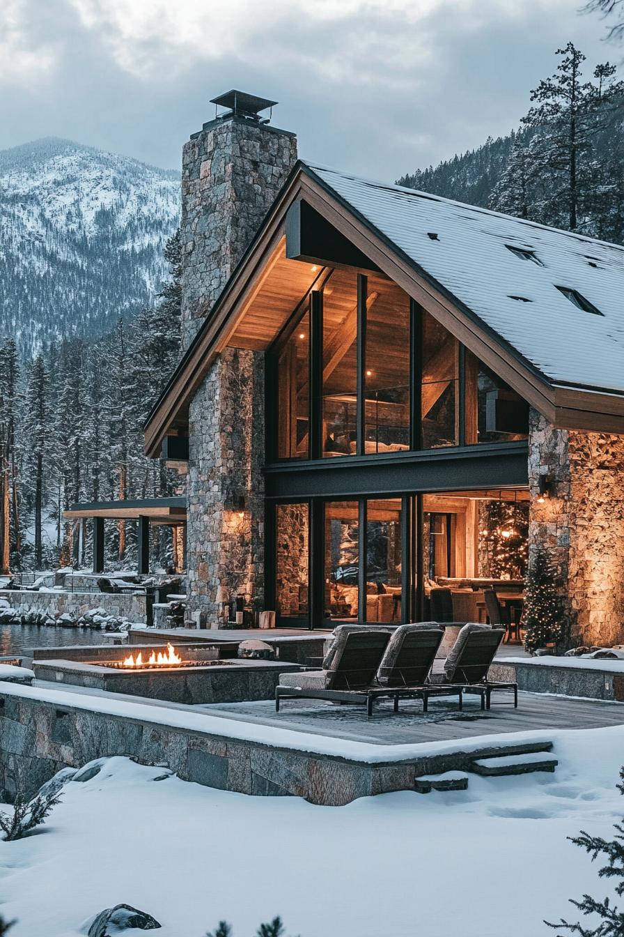 rustic modern lake house facade with outdoor stone fireplace winter mountain lake 3