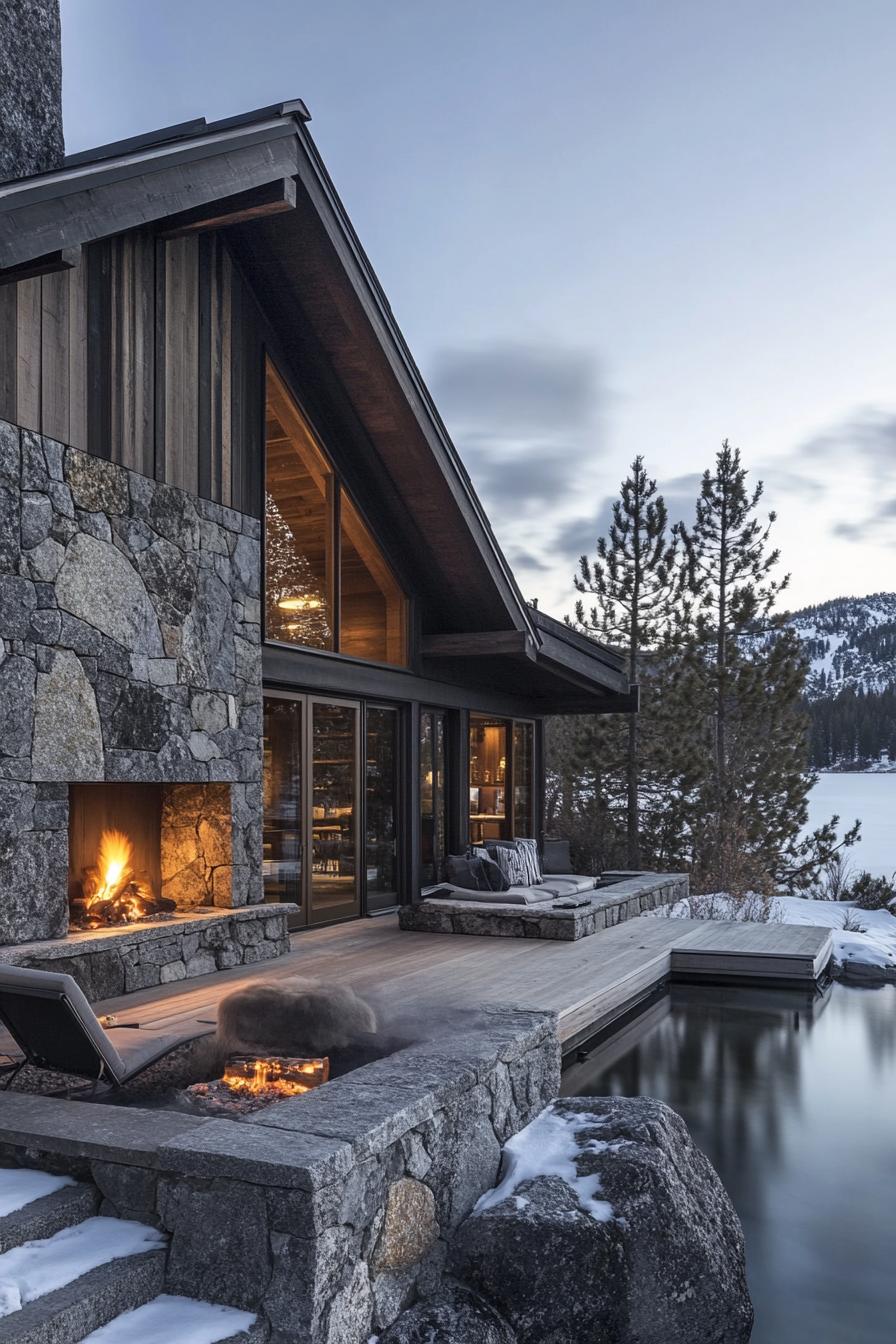 rustic modern lake house facade with outdoor stone fireplace winter mountain lake