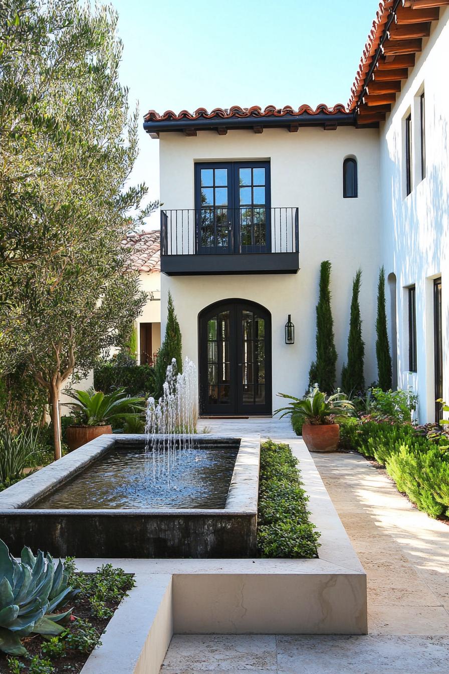 small modern mediterranean house courtyard with fountain and garden 2