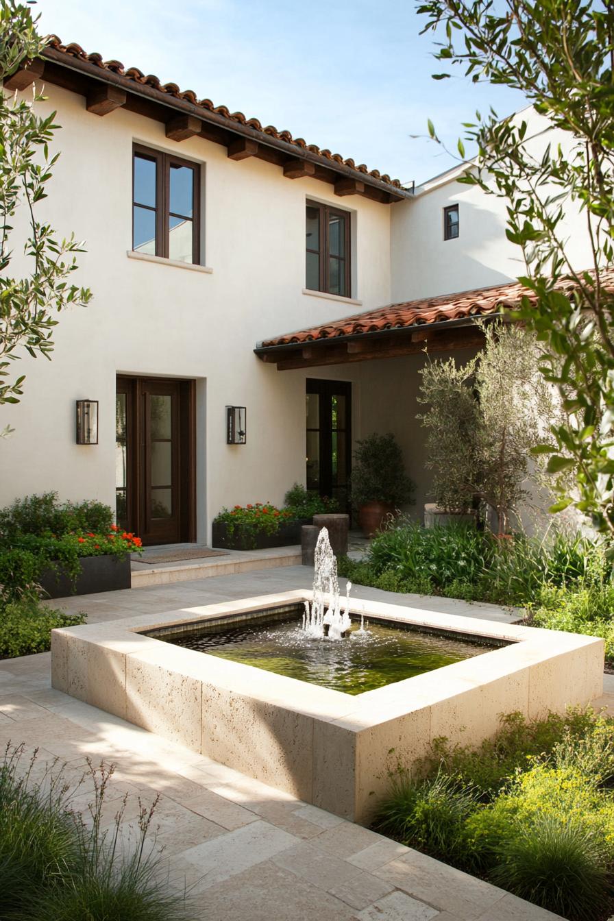 small modern mediterranean house courtyard with fountain and garden