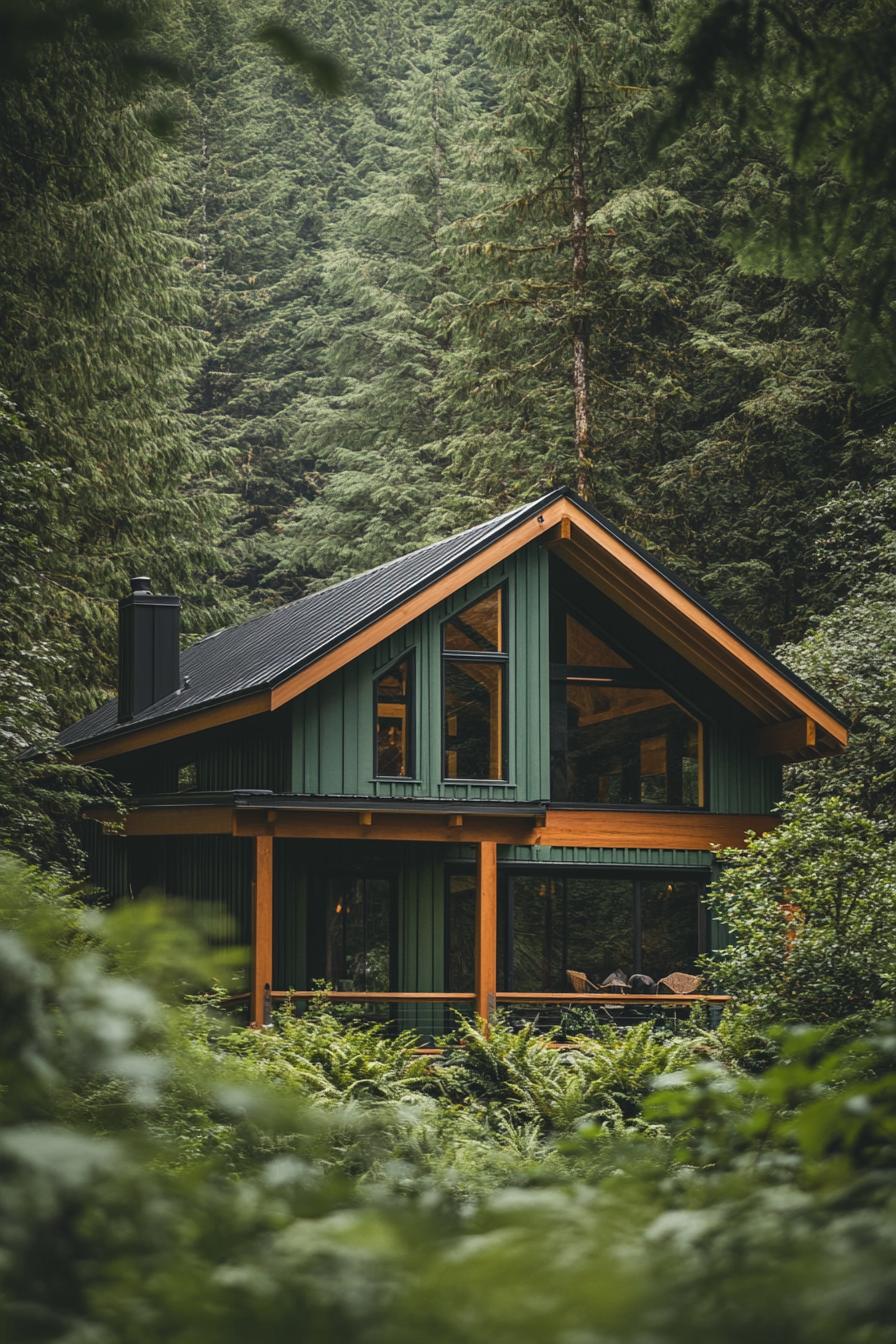 small modern mountain chalet facade in forest green color with exposed beams forest clearing in the background 1