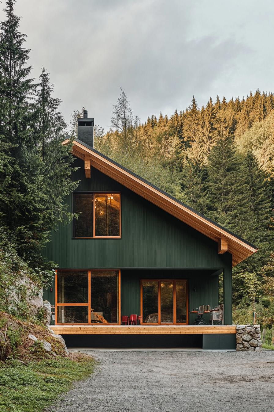 small modern mountain chalet facade in forest green color with exposed beams forest clearing in the background 2