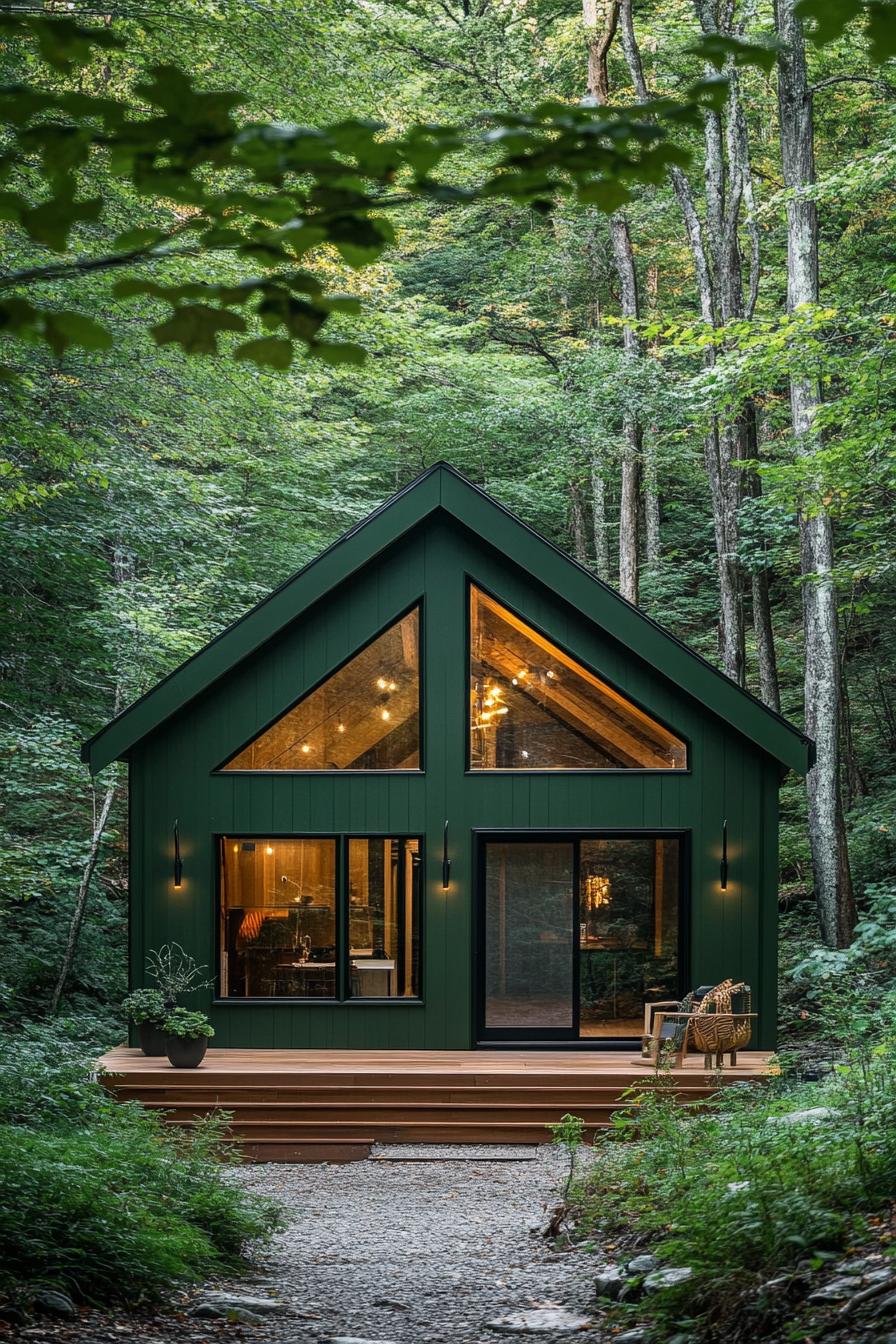 small modern mountain chalet facade in forest green color with exposed beams forest clearing in the background 3