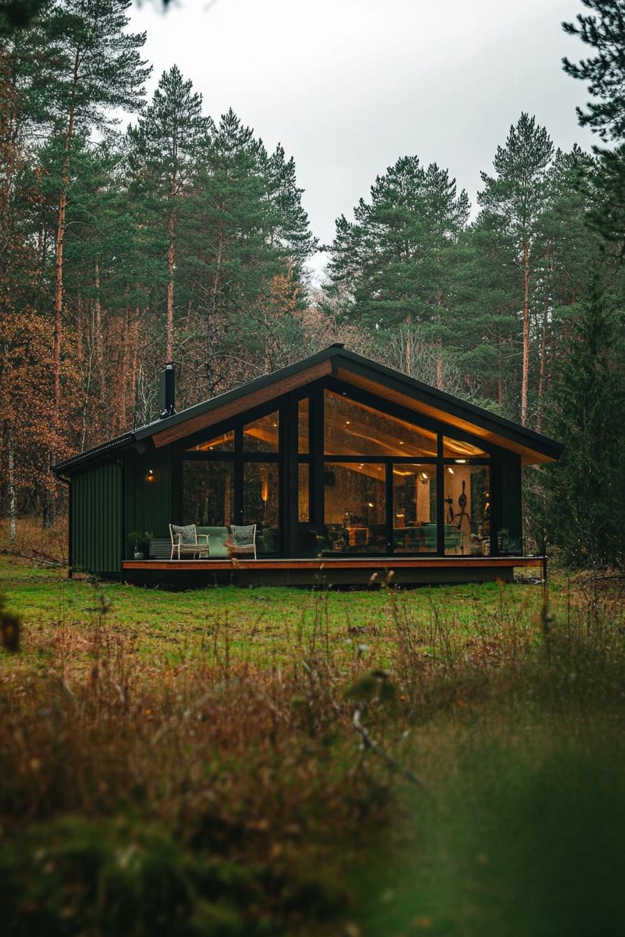 small modern mountain chalet facade in forest green color with exposed beams forest clearing in the background