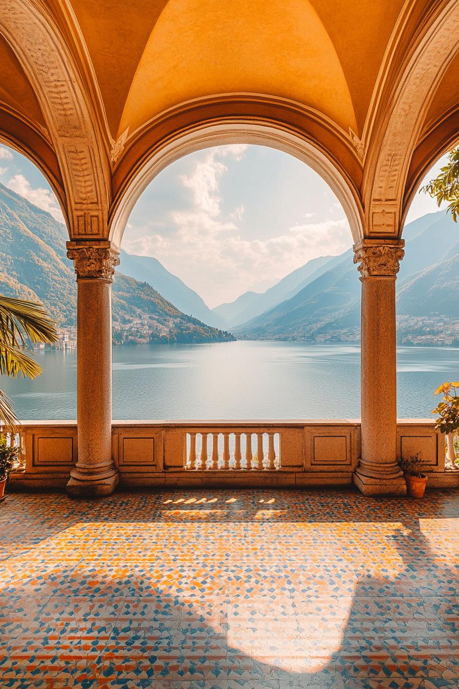 terrace of an italian villa with arches and tiled floor balustrade railing v 6.1