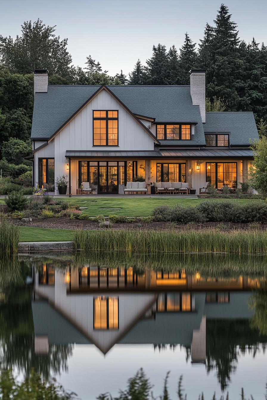 wide view of a large modern farmhouse in light grey board and batten siding cedar framed windows multi pitched pale green roof brick chimney large 1