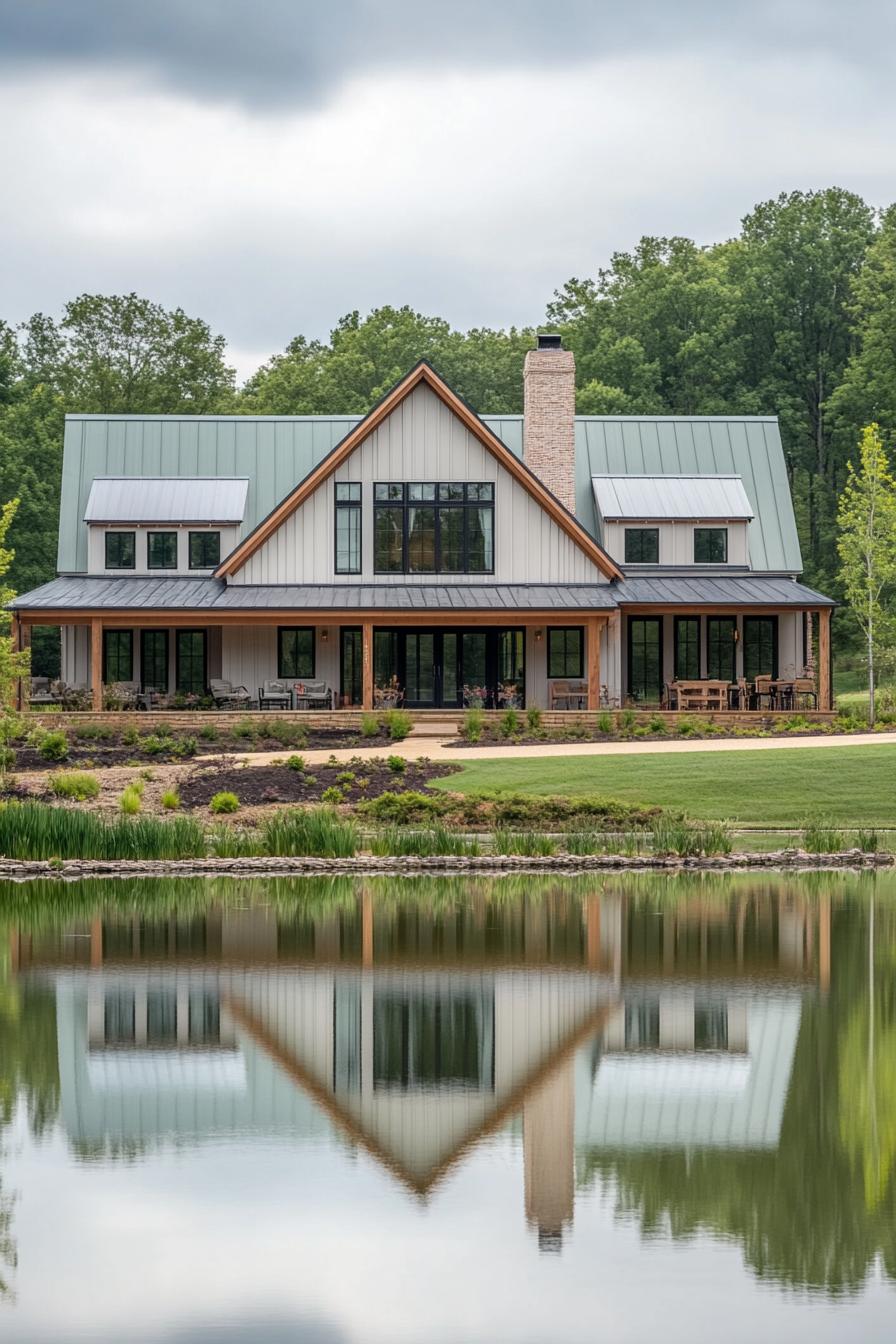 wide view of a large modern farmhouse in light grey board and batten siding cedar framed windows multi pitched pale green roof brick chimney large 2