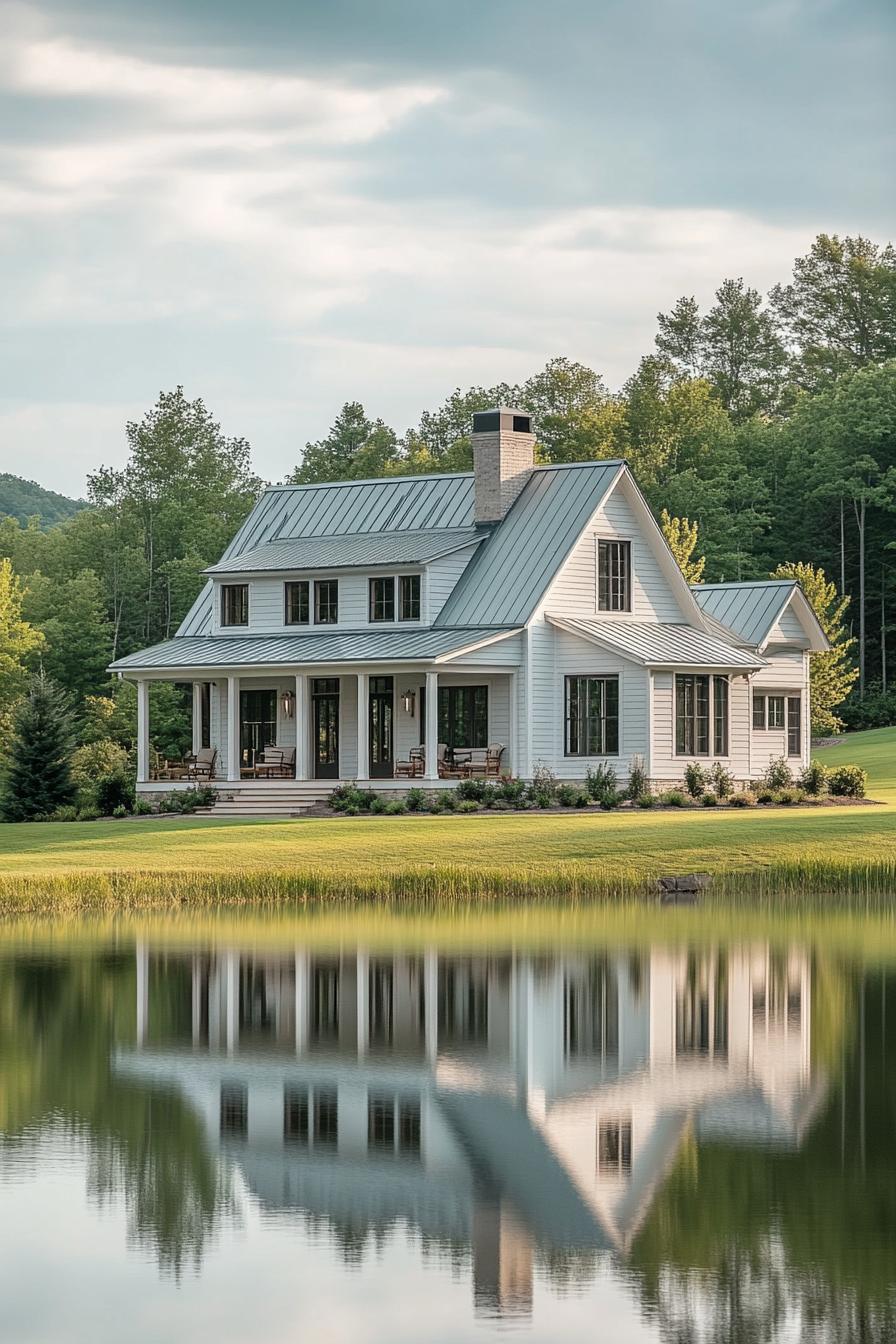 wide view of a large modern farmhouse in light grey board and batten siding cedar framed windows multi pitched pale green roof brick chimney large 3