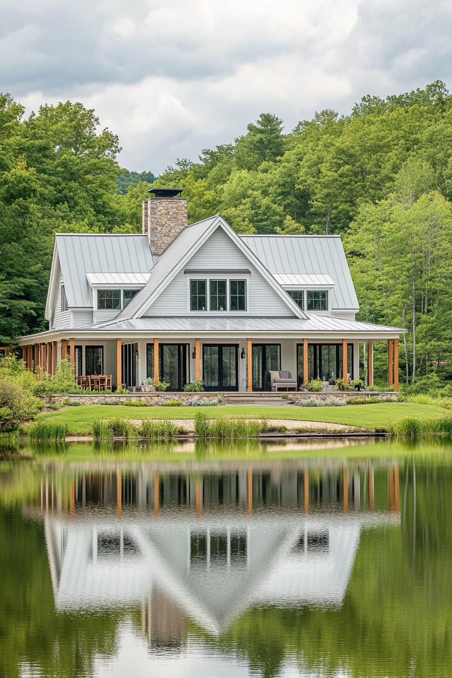 wide view of a large modern farmhouse in light grey board and batten siding cedar framed windows multi pitched pale green roof brick chimney large 4