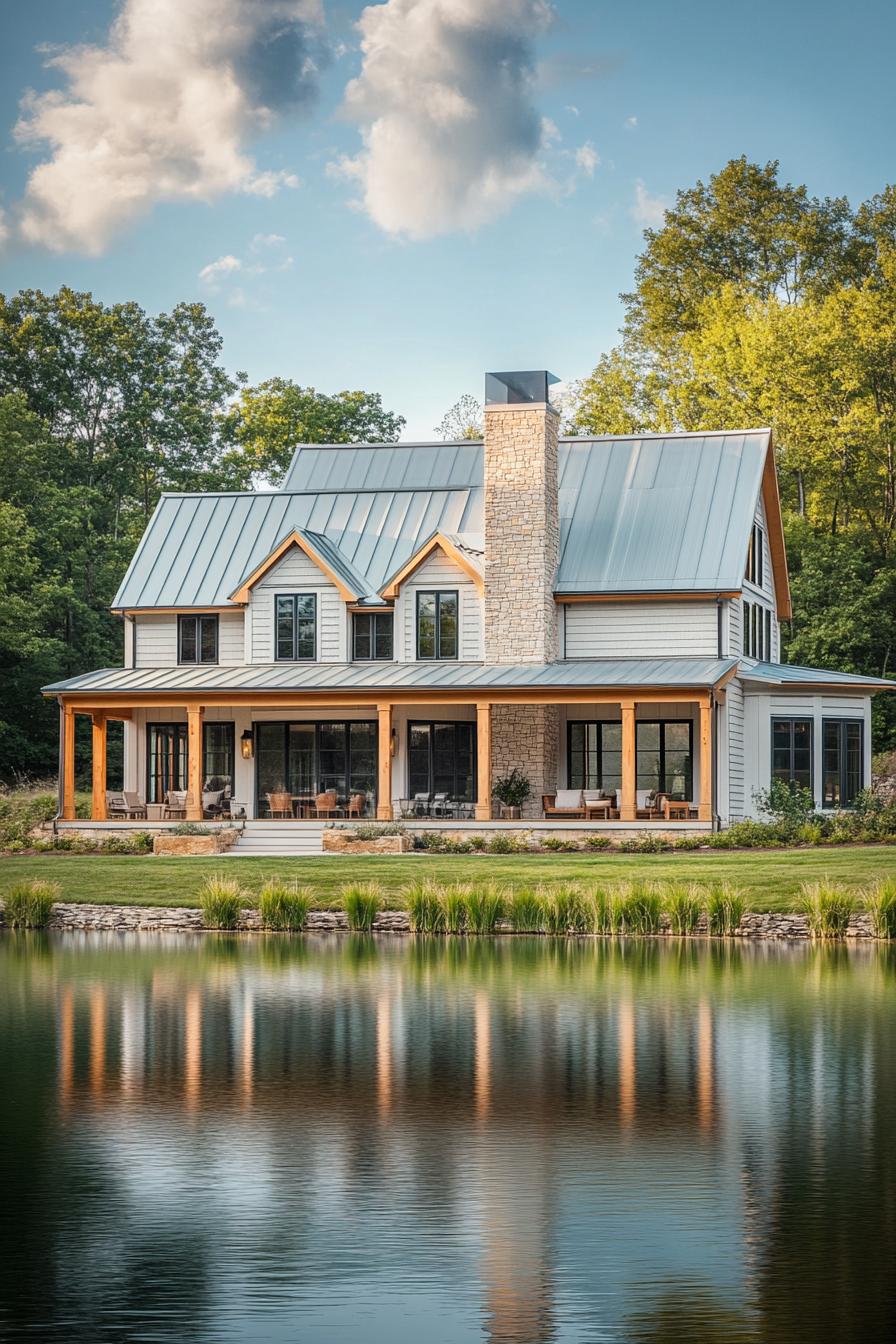 wide view of a large modern farmhouse in light grey board and batten siding cedar framed windows multi pitched pale green roof brick chimney large 5