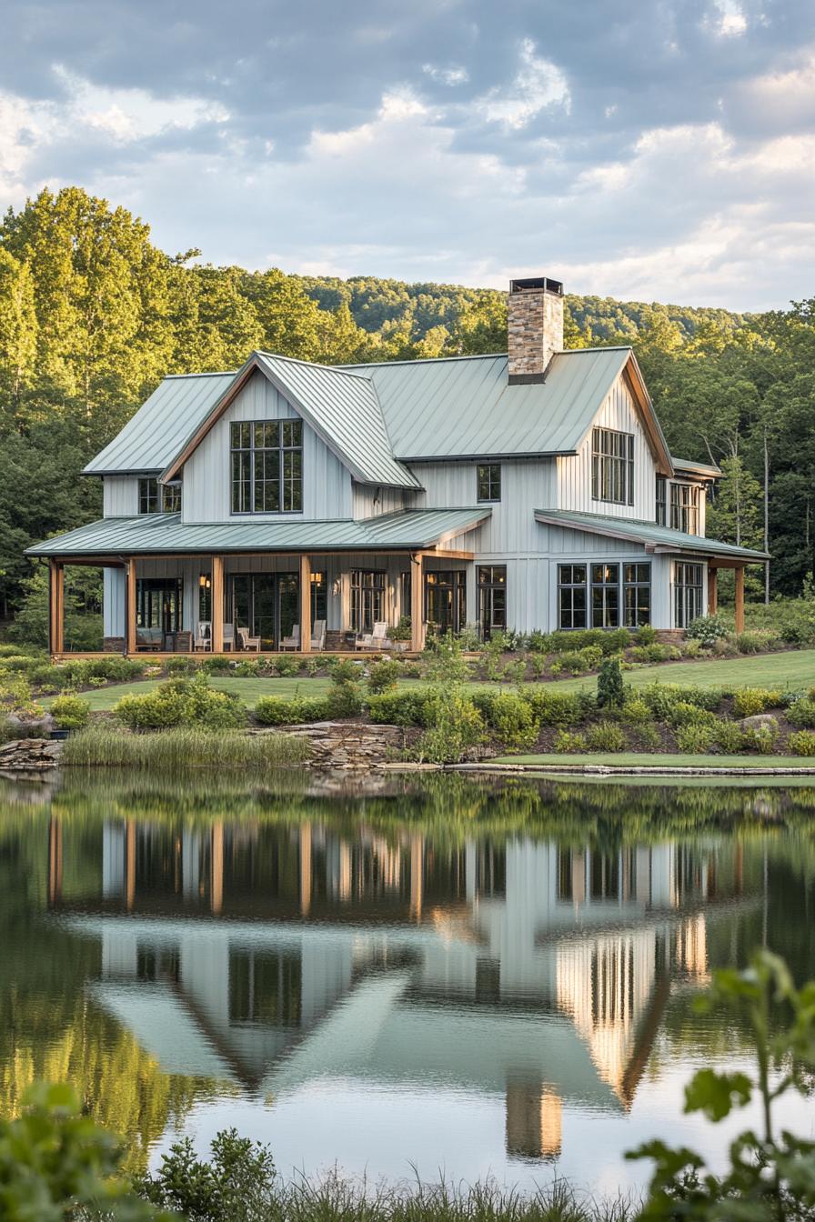 wide view of a large modern farmhouse in light grey board and batten siding cedar framed windows multi pitched pale green roof brick chimney large 6