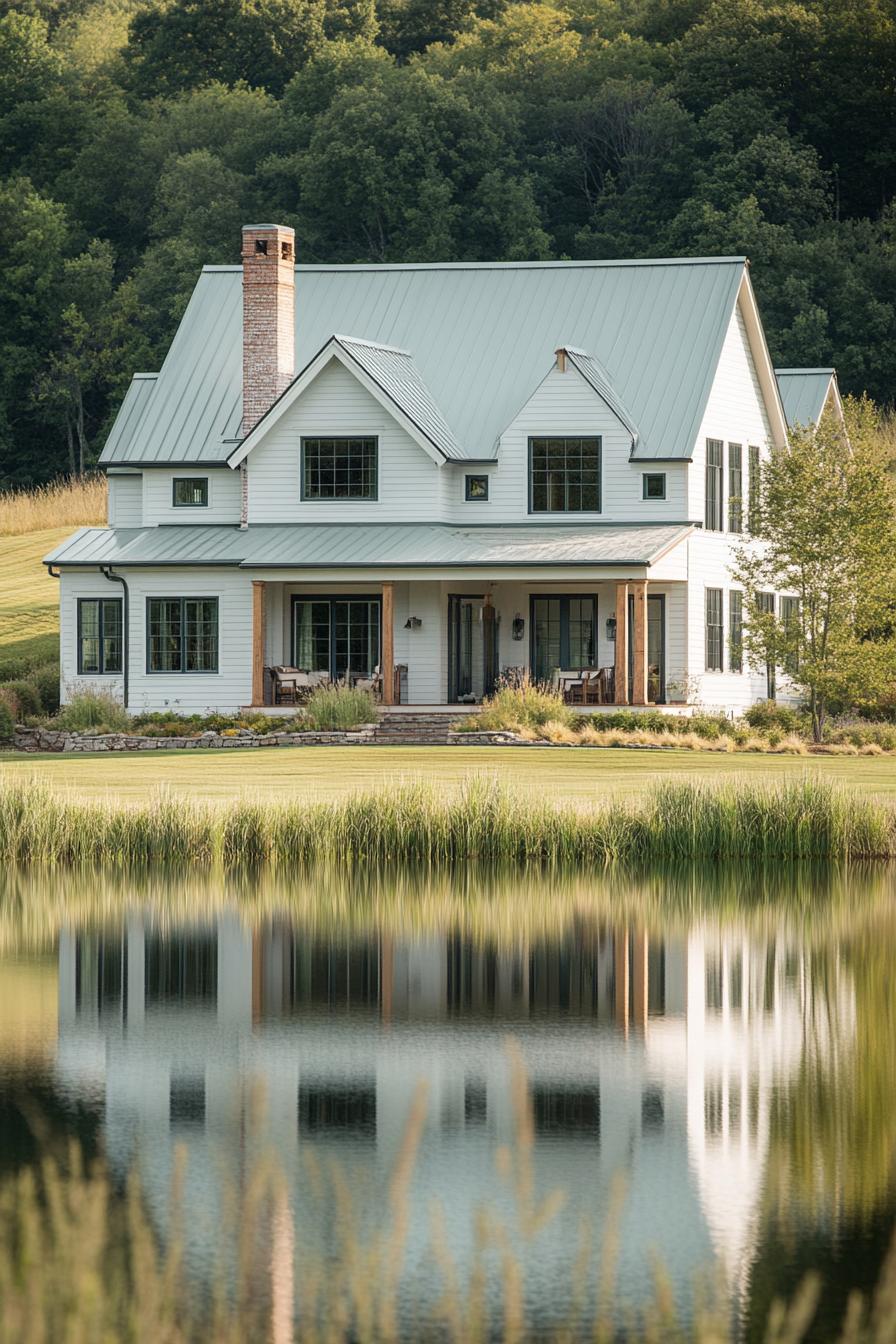 wide view of a large modern farmhouse in light grey board and batten siding cedar framed windows multi pitched pale green roof brick chimney large 7