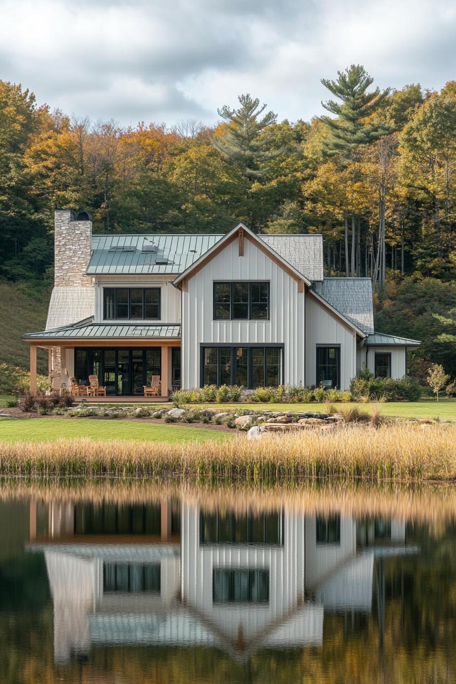 wide view of a large modern farmhouse in light grey board and batten siding cedar framed windows multi pitched pale green roof brick chimney large