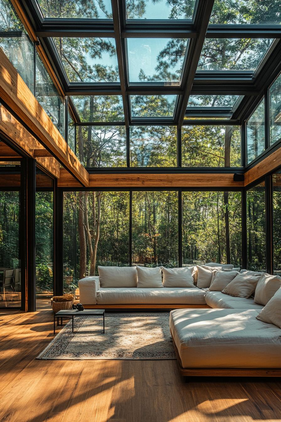 A modern house encased in large glass panels defined by a wooden framework that has a warm natural finish. The glass roof allows an abundance of 1