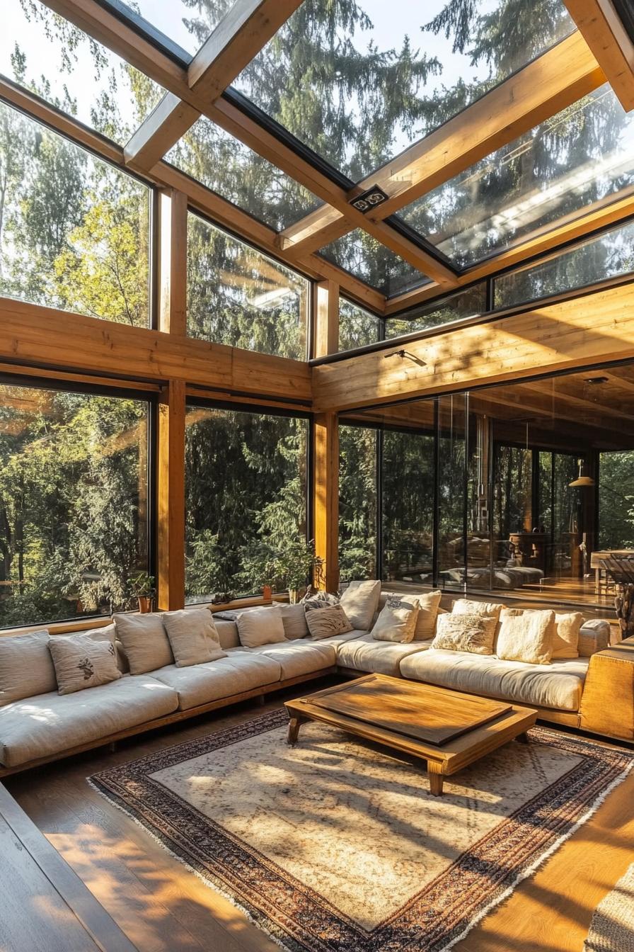 A modern house encased in large glass panels defined by a wooden framework that has a warm natural finish. The glass roof allows an abundance of