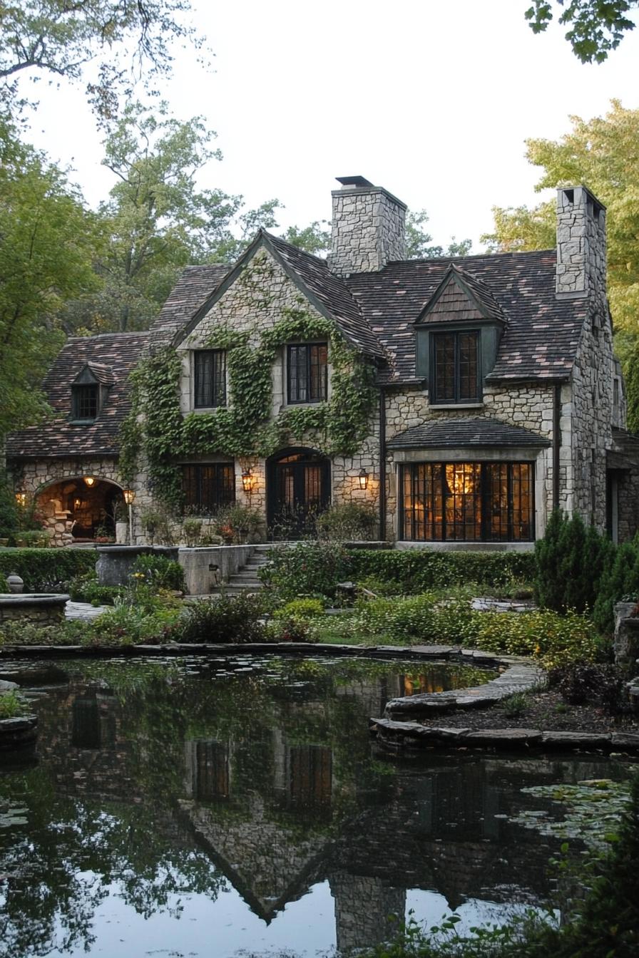 English country house with stone siding multi pitch roof facade overgrown with vine climbers a pond in front with a reflection of the house trees