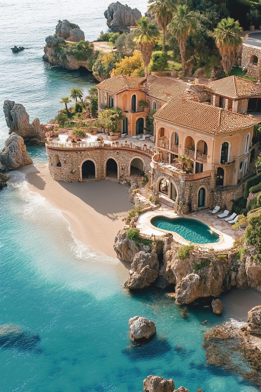 aerial view of italian villa estate with stone facade and arches terracotta roof the estate is beachfront with private beach there are cascading 1