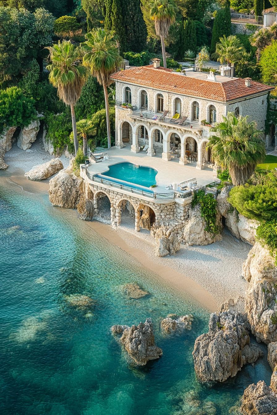 aerial view of italian villa estate with stone facade and arches terracotta roof the estate is beachfront with private beach there are cascading