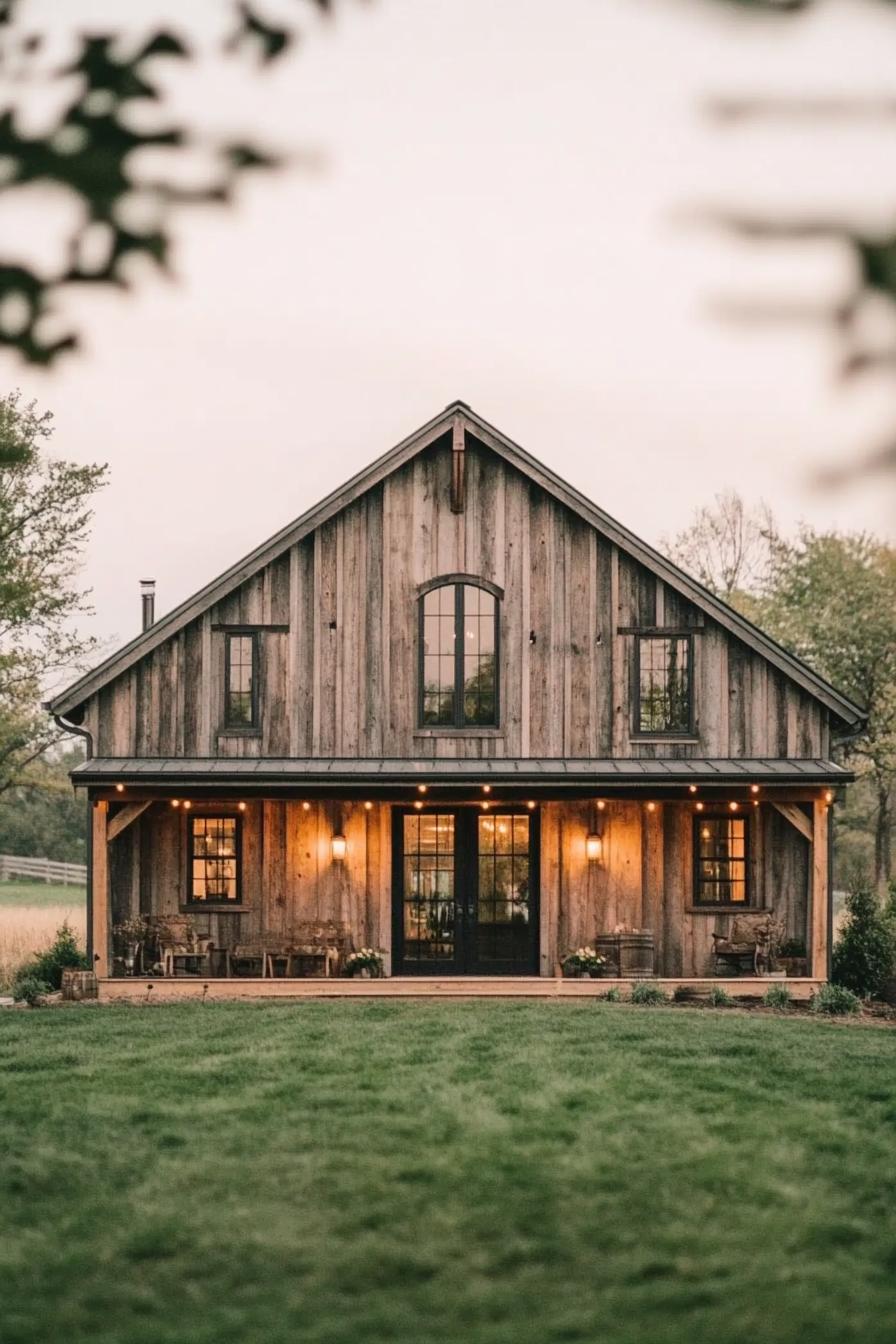 barn home with symmetrical facade and skillion roofs on each side modern windows reclaimed wood siding wooden porch farmland landscape 1