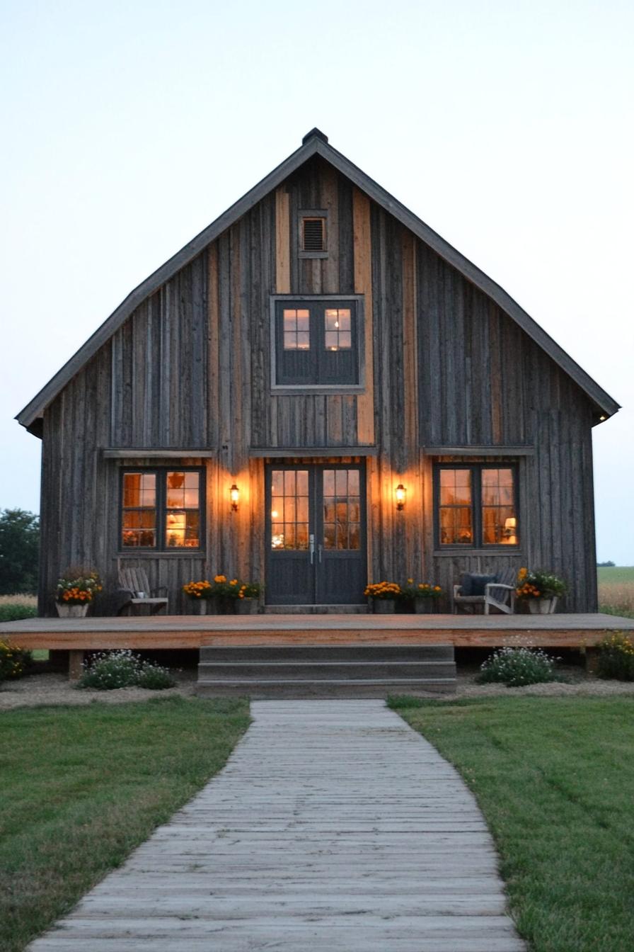 barn home with symmetrical facade and skillion roofs on each side modern windows reclaimed wood siding wooden porch farmland landscape 2