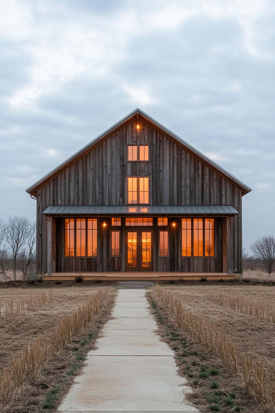 barn home with symmetrical facade and skillion roofs on each side modern windows reclaimed wood siding wooden porch farmland landscape 3