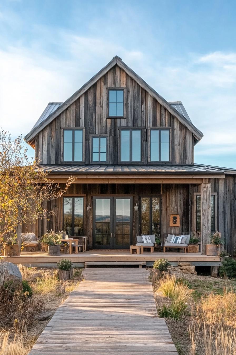 barn home with symmetrical facade and skillion roofs on each side modern windows reclaimed wood siding wooden porch farmland landscape