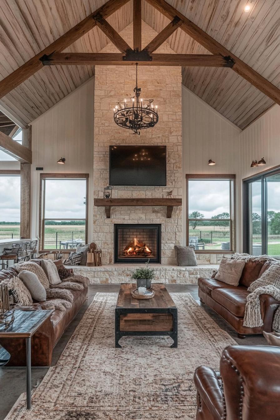 barndominium interior with stone fireplace farmhouse and modern elements 1