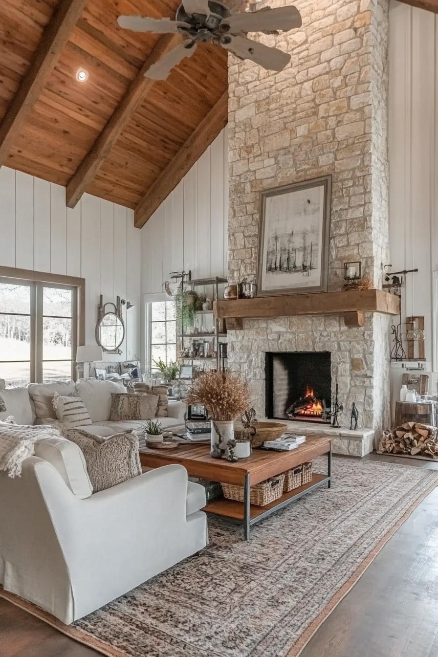 barndominium interior with stone fireplace farmhouse and modern elements 2