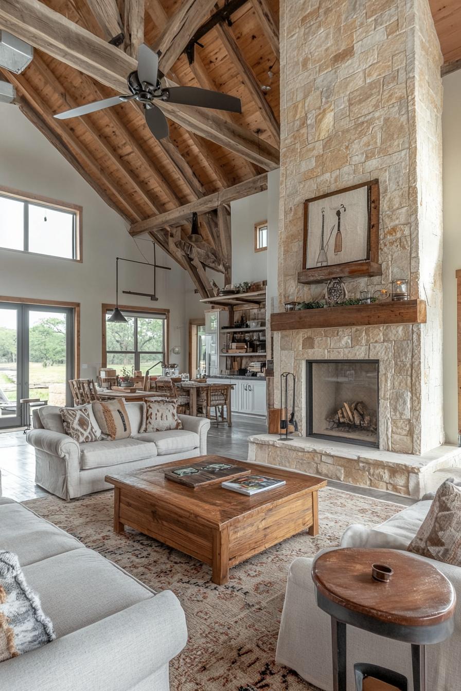 barndominium interior with stone fireplace farmhouse and modern elements 3