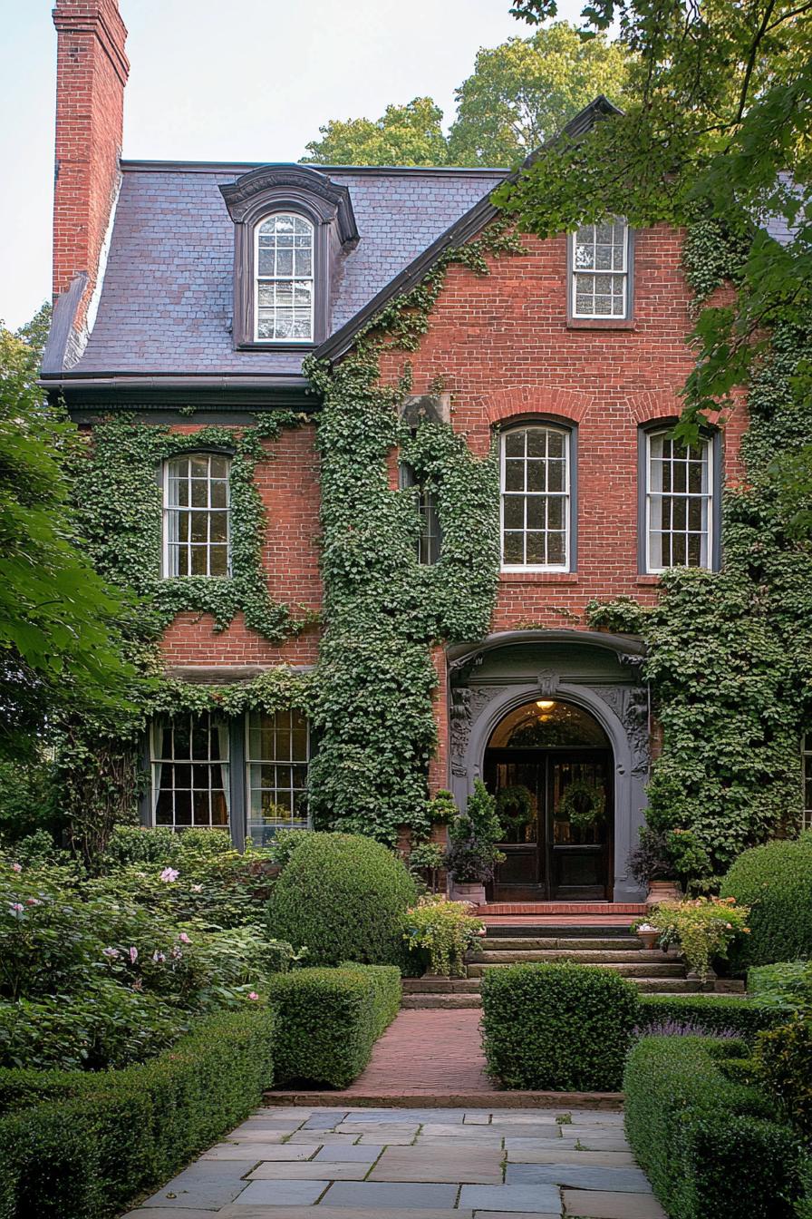 colonial red brick house restaurated facade with vine climbers 1